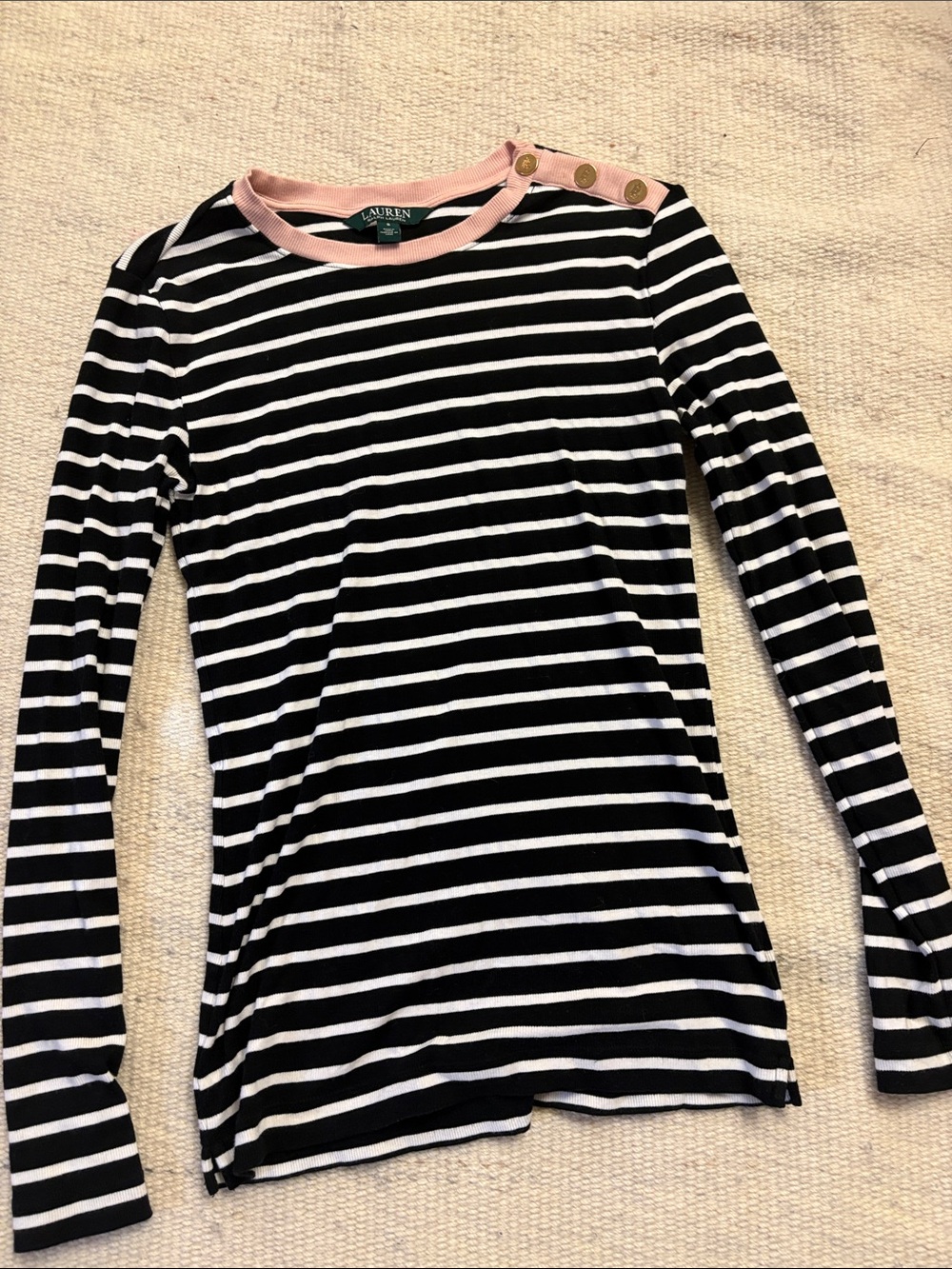 Ralph Lauren Black & White Striped Long Sleeve Top with Pink Trim